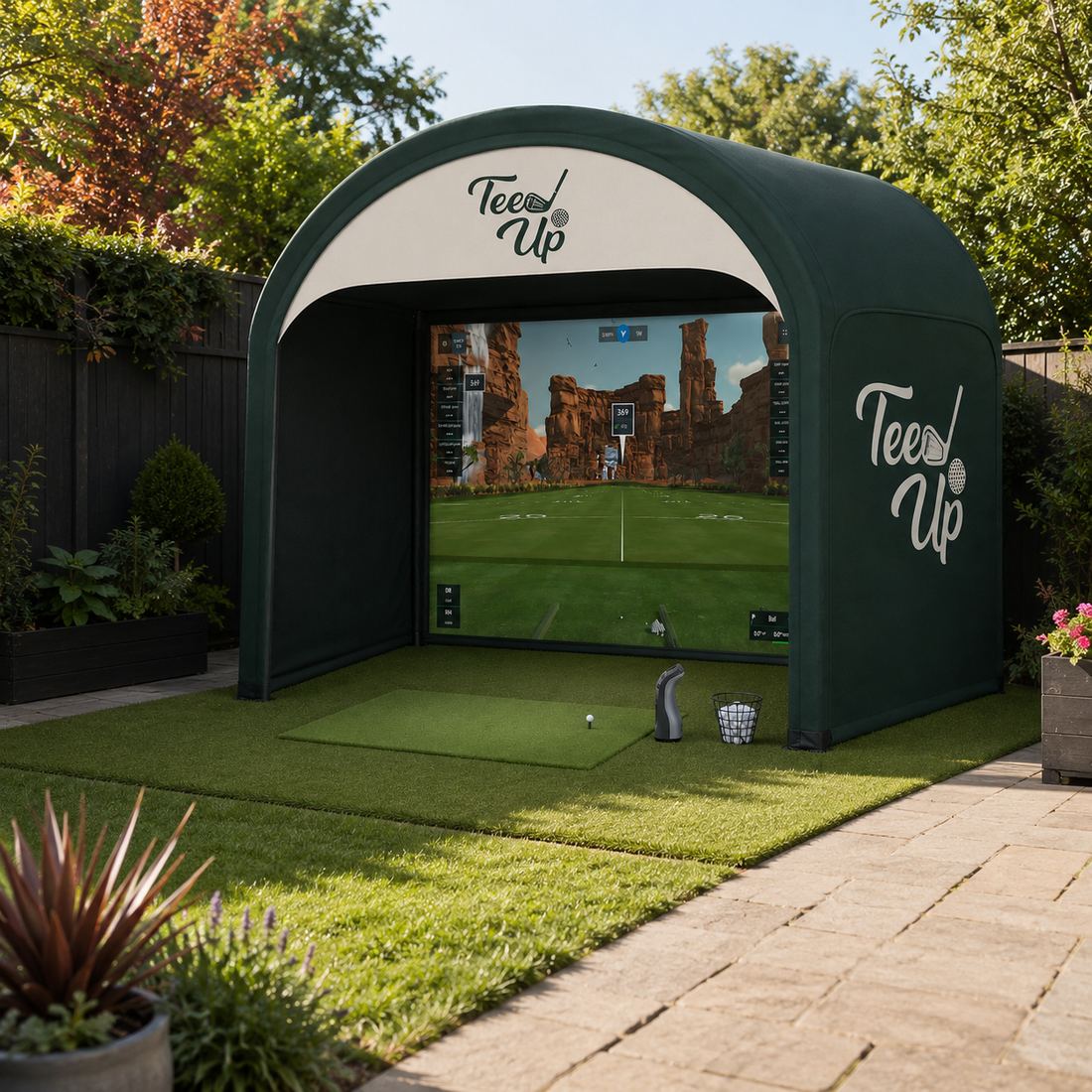 Visualisation of the branded outdoor simulator dome in a garden